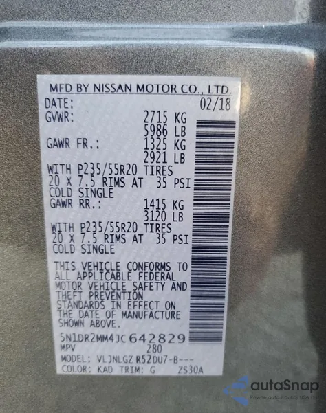 2018 Nissan Pathfinder S z USA, uszkodzony, nr VIN 5N1DR2MM4JC642829